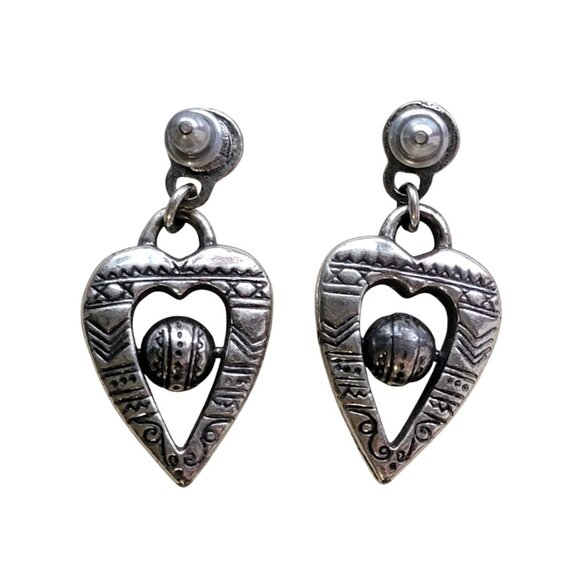 Vintage 90s Y2K Silver Heart Dangle Earrings Tribal cutecore Valentines Day - Picture 1 of 3